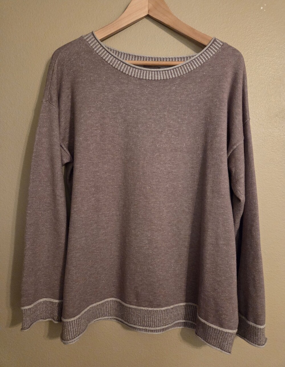 CHICO'S Brown Cream Two-Toned Ribbed Knit‎ Scoop Neck Pull-Over Sweater Size L